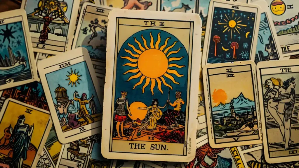 Una composición de diversas cartas de tarot esparcidas, donde destaca en el centro la carta "THE SUN" (El Sol) en un estilo vintage. Esta carta representa la claridad, la alegría y el éxito absoluto en los temas del corazón. Para el blog "Regresar con mi ex", esta imagen simboliza el desenlace positivo de una reconciliación, donde la verdad sale a la luz y la pareja logra una unión llena de felicidad, dejando atrás las sombras de la ruptura. En el fondo se aprecian otras cartas que sugieren la complejidad del camino recorrido hacia el reencuentro final.