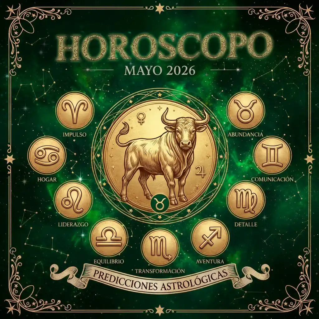 Una ilustración mística con fondo verde galáctico que muestra el horóscopo de mayo de 2026. En el centro destaca una moneda dorada con el signo de Tauro (un buey), rodeada por medallones de los demás signos del zodiaco con sus respectivos atributos en español: Aries (Impulso), Géminis (Comunicación), Cáncer (Hogar), Leo (Liderazgo), Virgo (Detalle), Libra (Equilibrio), Escorpio (Transformación) y Sagitario (Aventura). En la parte superior dice "HOROSCOPO MAYO 2026" y abajo una cinta con el texto "PREDICCIONES ASTROLÓGICAS".