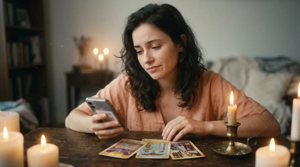 Una persona mirando la pantalla de su celular con expresión de incertidumbre, junto a cartas del tarot del amor sobre una mesa iluminada con velas.