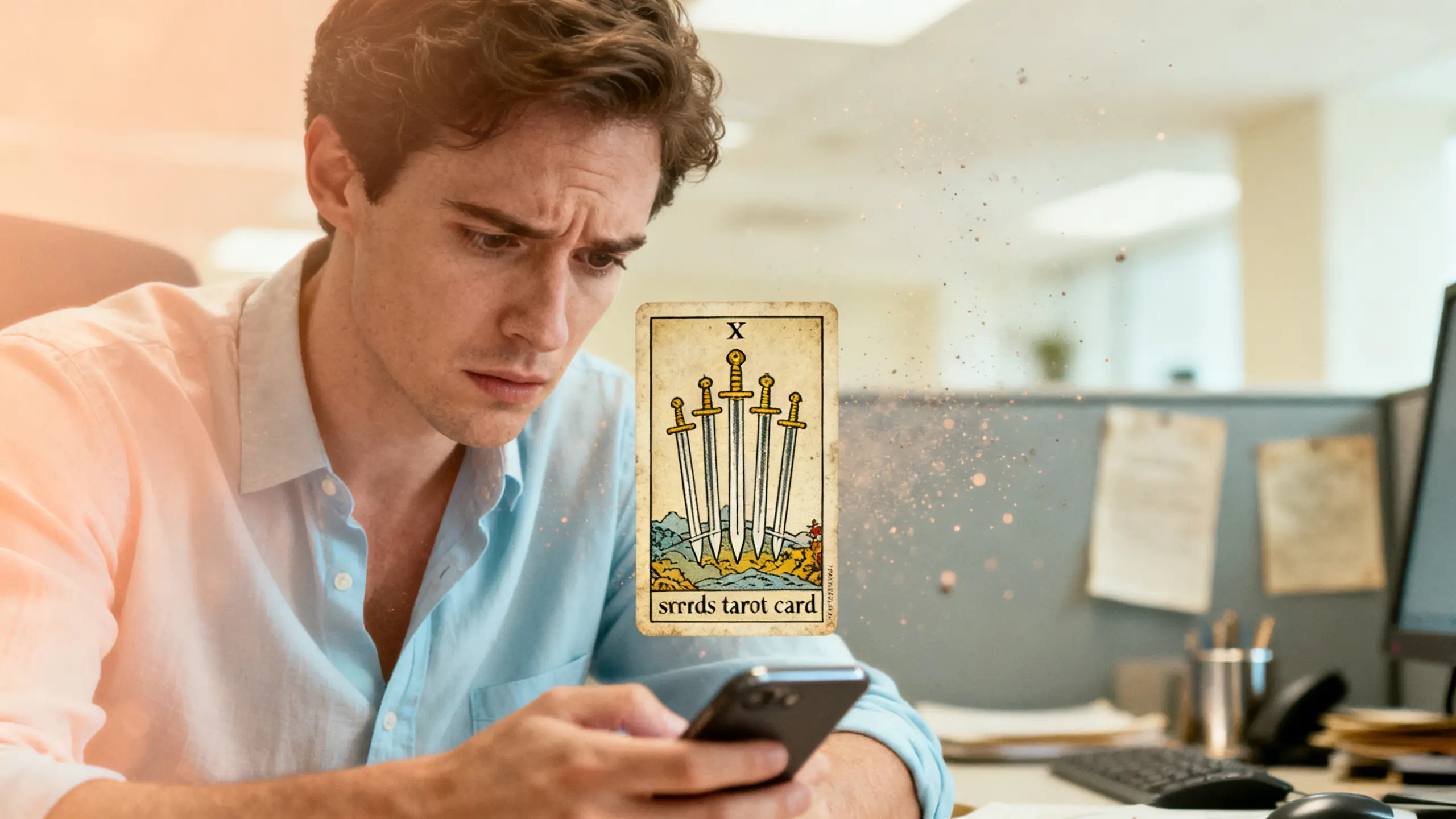 Una persona en su oficina mirando su teléfono móvil con preocupación, con una carta del tarot de espadas superpuesta, representando dudas sobre la envidia laboral.