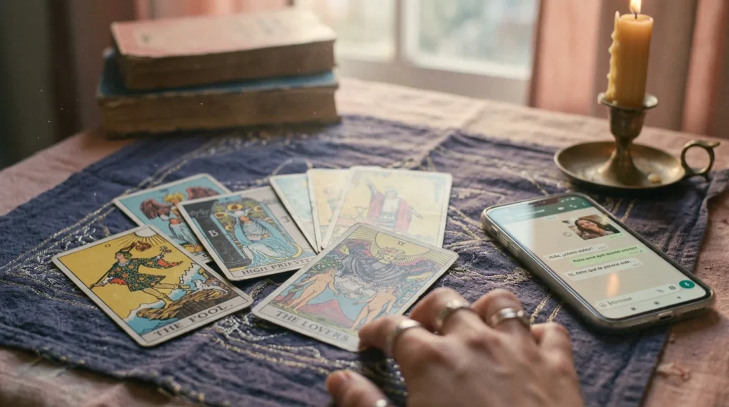 Cartas del tarot Rider Waite extendidas sobre un paño místico junto a un teléfono celular que muestra una conversación de WhatsApp abierta en Uruguay.