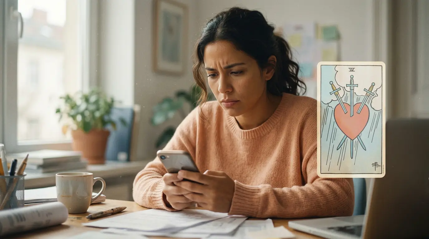 Una persona sosteniendo su celular mientras mira una carta del tarot de Los Enamorados, buscando respuestas sobre los sentimientos de su pareja en Uruguay.