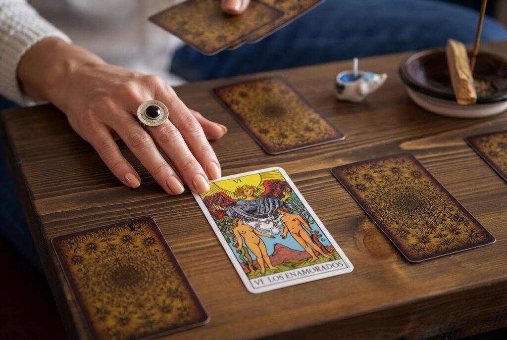 Carta de Los Enamorados en una lectura de tarot del amor sobre una mesa, representando la conexión emocional y la resolución de dudas sentimentales.