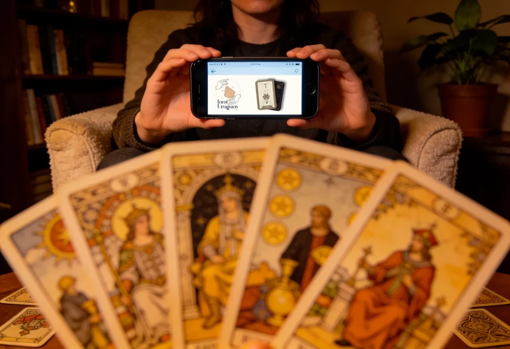 Persona consultando el tarot online en Uruguay de forma confidencial desde su celular, con cartas del tarot Rider Waite desenfocadas en primer plano.