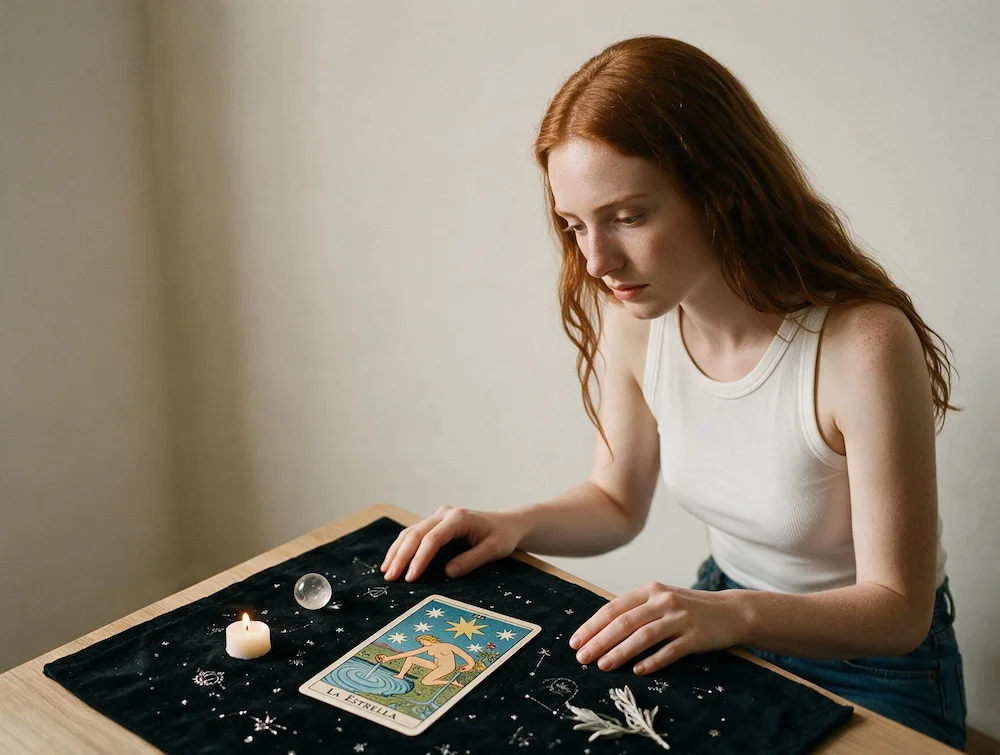 Persona realizando una consulta de tarot con la carta de La Estrella sobre la mesa, buscando comprender si el tarot predice el futuro.