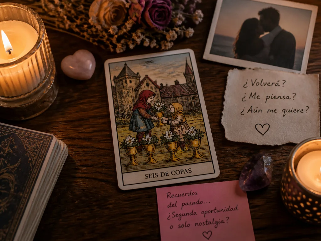 Lectura del tarot del amor con la carta del Seis de Copas sobre una mesa, ilustrando la nostalgia y las dudas sobre si un ex volverá.