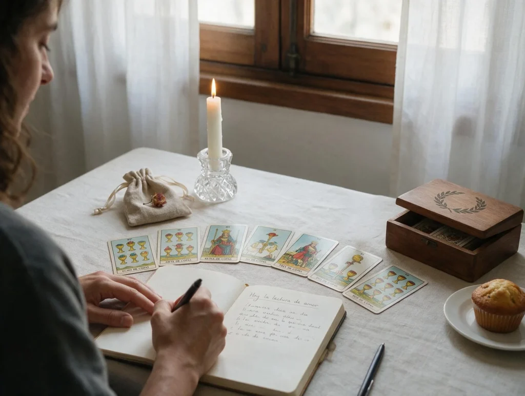 Persona escribiendo preguntas en una libreta junto a cartas del tarot sobre una mesa, preparándose para una lectura del amor.