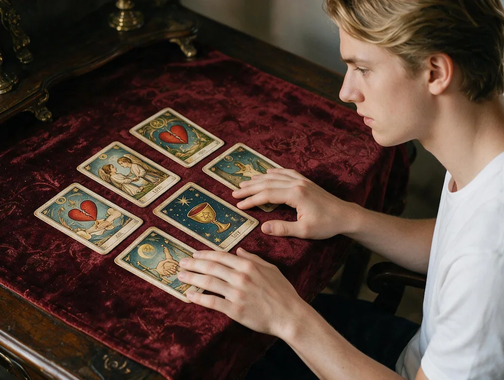 Lectura de cartas del tarot del amor sobre una mesa, ilustrando dudas sobre almas gemelas, reconciliaciones y futuro sentimental.