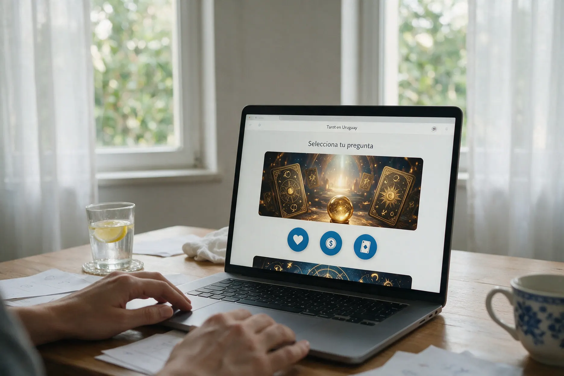 Persona consultando el tarot online en Uruguay desde su computadora, con cartas dispuestas sobre la mesa, buscando orientación espiritual.